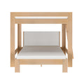 Light wood bunk bed front view with lower white mattress and gray upholstered headboard, Scandinavian minimalist wooden bunk bed for kids or guest room