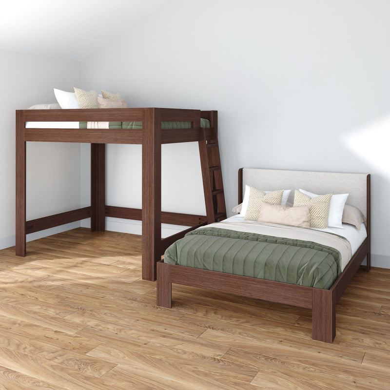 Dark walnut wooden loft bed with ladder and matching platform bed with green quilted bedding on hardwood floor in a minimalist modern bedroom