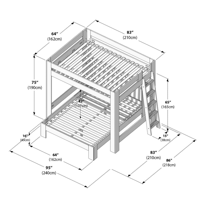 Line-drawing diagram of wooden twin-over-full bunk bed with ladder and slatted mattress supports, labeled dimensions in inches and centimeters for room planning