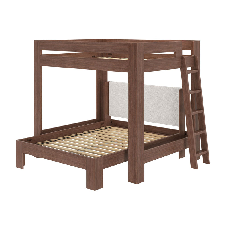 Solid wood twin-over-full bunk bed frame in walnut with ladder, slatted platform and gray upholstered headboard panel — modern space-saving bedroom furniture