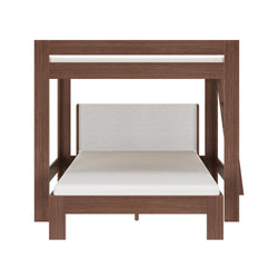 Modern walnut wood bunk bed with padded gray upholstered headboard, white mattress and side ladder