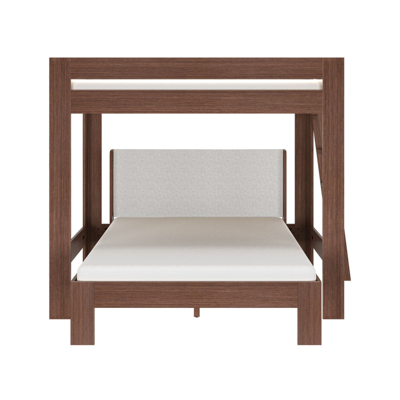 Modern walnut wood bunk bed with padded gray upholstered headboard, white mattress and side ladder