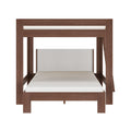 Modern walnut wood bunk bed with padded gray upholstered headboard, white mattress and side ladder