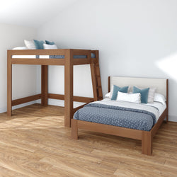 Space-saving modern bedroom with wooden loft bed and matching platform bed, hardwood floors and blue-gray bedding