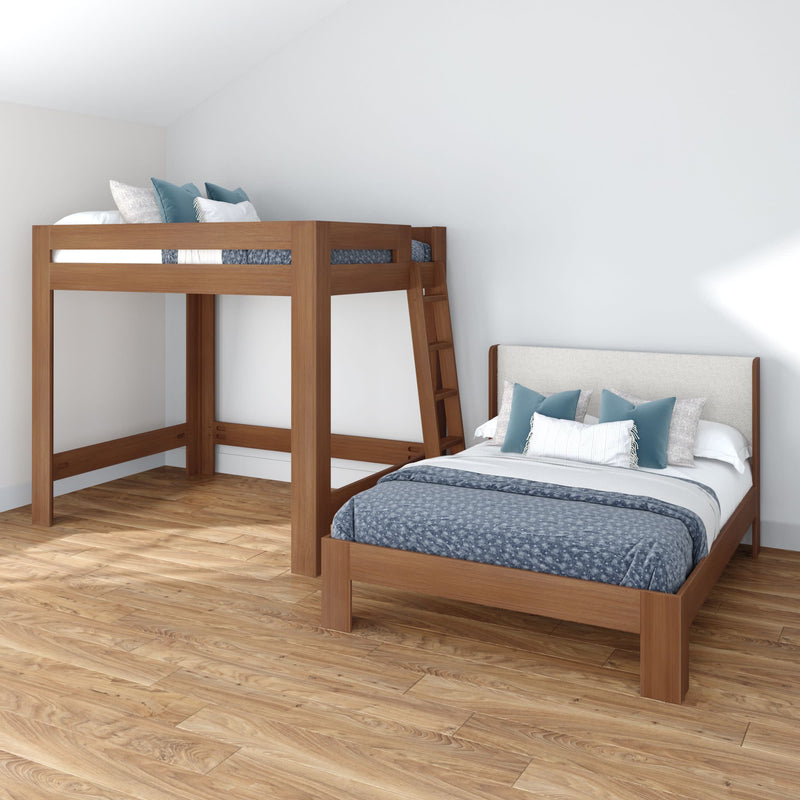 Space-saving modern bedroom with wooden loft bed and matching platform bed, hardwood floors and blue-gray bedding