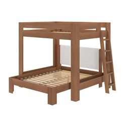 Solid wood twin-over-full platform bunk bed with ladder and slatted mattress supports in warm brown finish — modern, space-saving kids' and guest bedroom furniture