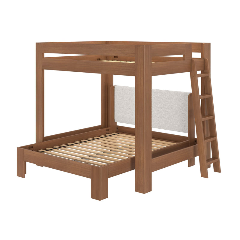 Solid wood twin-over-full platform bunk bed with ladder and slatted mattress supports in warm brown finish — modern, space-saving kids' and guest bedroom furniture