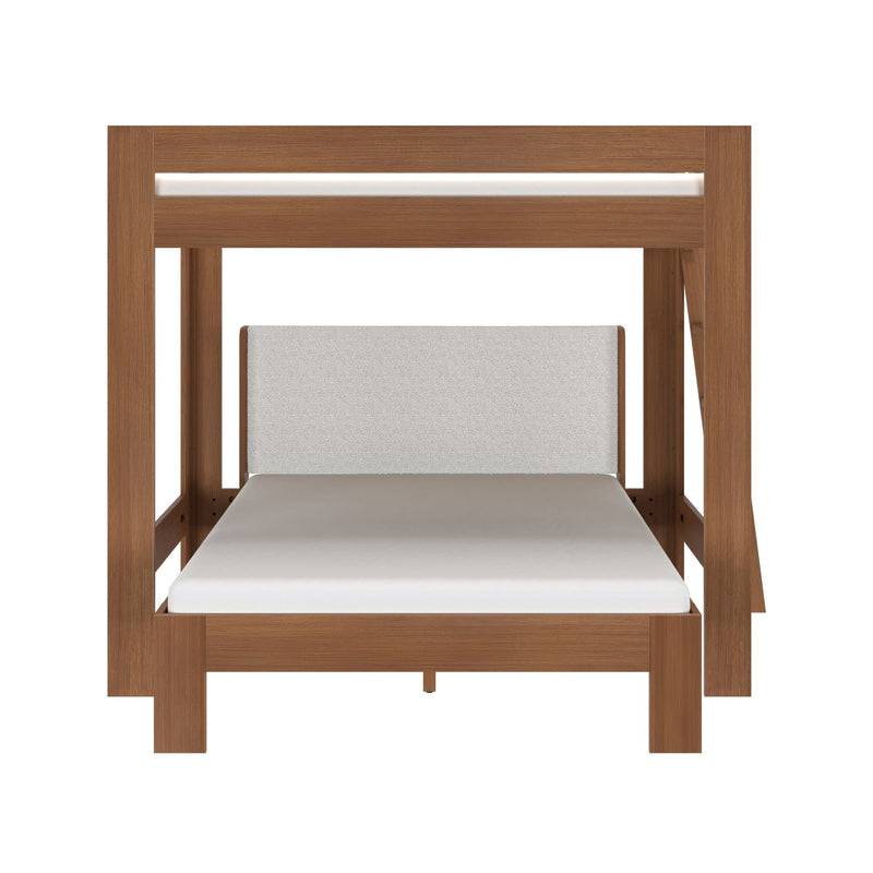 Modern solid wood bunk bed with integrated ladder, light-gray upholstered lower headboard and white mattress in walnut finish