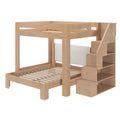 Twin-over-full wooden bunk bed with built-in staircase and shelving storage, natural oak finish, slatted platform, space-saving kids' bedroom furniture