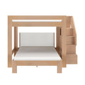 Light oak loft bunk bed with built-in staircase storage, full-size lower bed and upholstered headboard, modern space-saving bedroom furniture