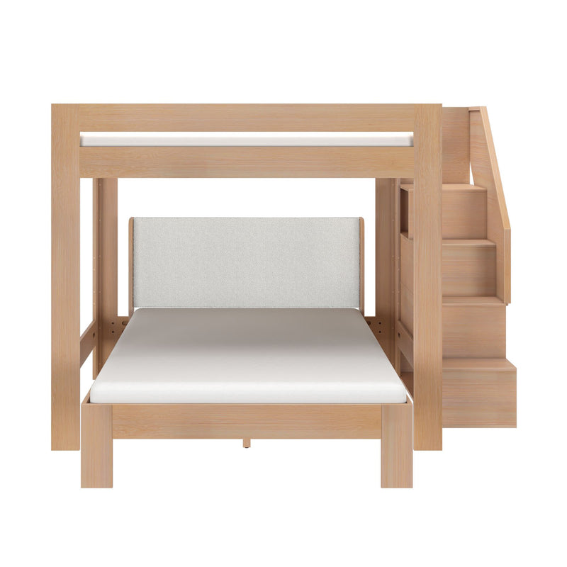 Light oak loft bunk bed with built-in staircase storage, full-size lower bed and upholstered headboard, modern space-saving bedroom furniture