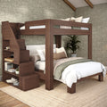 Wooden loft bunk bed with built-in staircase storage, full-size lower bed, green quilt and neutral pillows in a cozy contemporary bedroom with floral wallpaper and potted plant