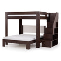 Dark brown wooden loft bunk bed with built-in staircase and storage shelves, modern kids' bedroom furniture with white mattresses