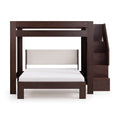 Dark espresso wooden bunk bed with integrated staircase, upholstered headboard and full-size lower bed