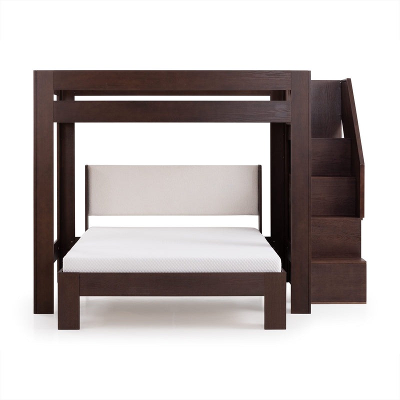 Dark espresso wooden bunk bed with integrated staircase, upholstered headboard and full-size lower bed