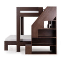Dark walnut loft bunk bed with integrated staircase and built-in shelving, twin mattress platform for kids' bedroom