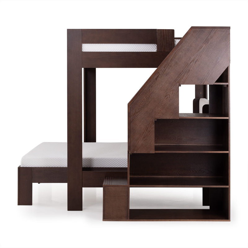 Dark walnut loft bunk bed with integrated staircase and built-in shelving, twin mattress platform for kids' bedroom