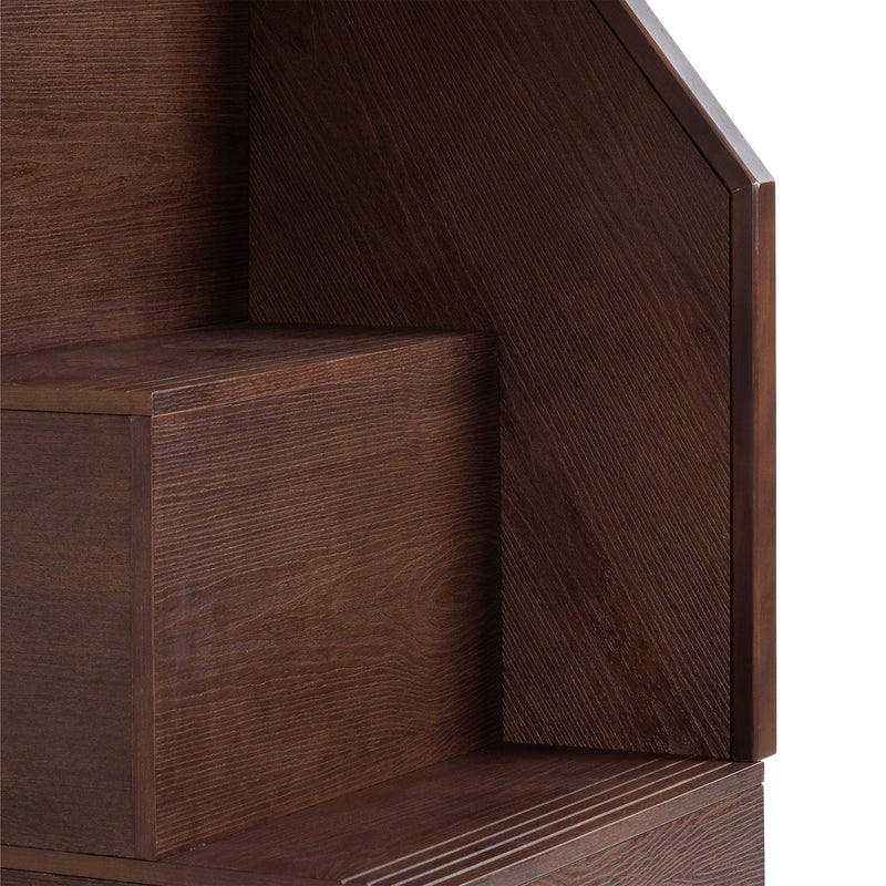 Close-up of dark walnut wood furniture corner showing rich wood grain texture and angled shelf detail