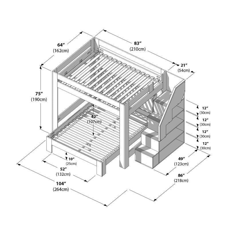 Isometric assembly diagram of a wooden twin-over-full bunk bed with built-in staircase storage and slatted bed frames, detailed dimensions in inches and centimeters (104 in x 86 in x 75 in / 264 cm x 218 cm x 190 cm), ideal for children’s bedroom