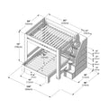 Isometric assembly diagram of a wooden twin-over-full bunk bed with built-in staircase storage and slatted bed frames, detailed dimensions in inches and centimeters (104 in x 86 in x 75 in / 264 cm x 218 cm x 190 cm), ideal for children’s bedroom