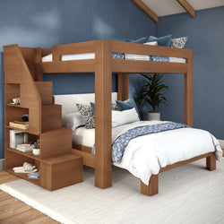 Space-saving modern wooden loft bunk bed with built-in staircase and storage shelves, navy blue accent wall and cozy white-and-blue bedding
