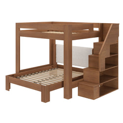 Brown wooden bunk bed with stairs and built-in shelving, space-saving bedroom furniture with slatted mattress supports