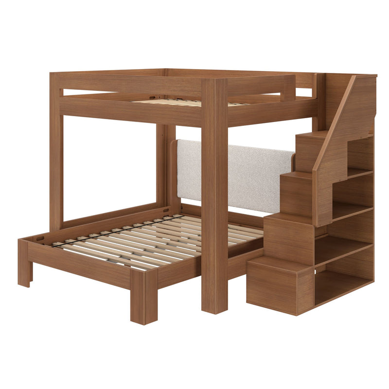 Brown wooden bunk bed with stairs and built-in shelving, space-saving bedroom furniture with slatted mattress supports