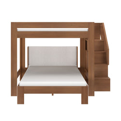 Modern wooden loft bunk bed with upholstered headboard, white lower mattress and built-in storage staircase on the right in warm walnut finish, space-saving bunk bed with storage stairs