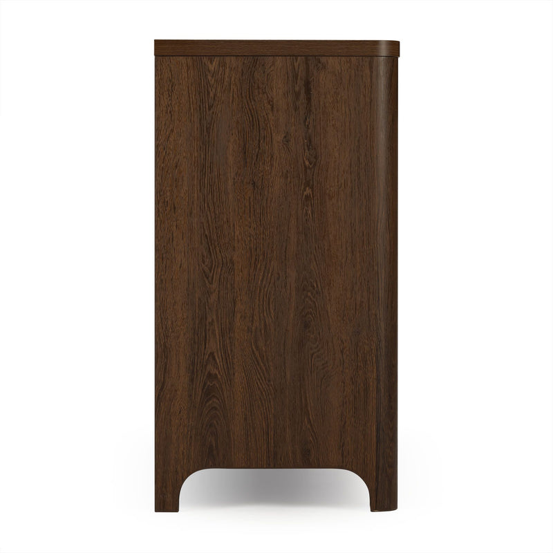 Dark walnut tall dresser side view showing wood grain and arched base, modern rustic chest of drawers in dark brown finish