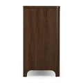 Dark walnut tall dresser side view showing wood grain and arched base, modern rustic chest of drawers in dark brown finish