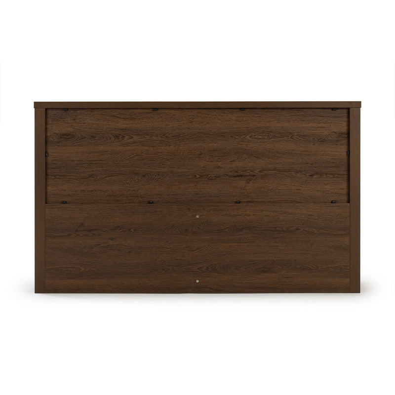 Dark walnut wood panel headboard with natural grain and framed edges on white background, modern rustic bedroom furniture for queen or king beds