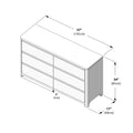 Isometric line drawing of a six-drawer dresser showing product dimensions: 57" (145 cm) wide × 17" (44 cm) deep × 34" (85 cm) high with a 2" (5 cm) toe-kick