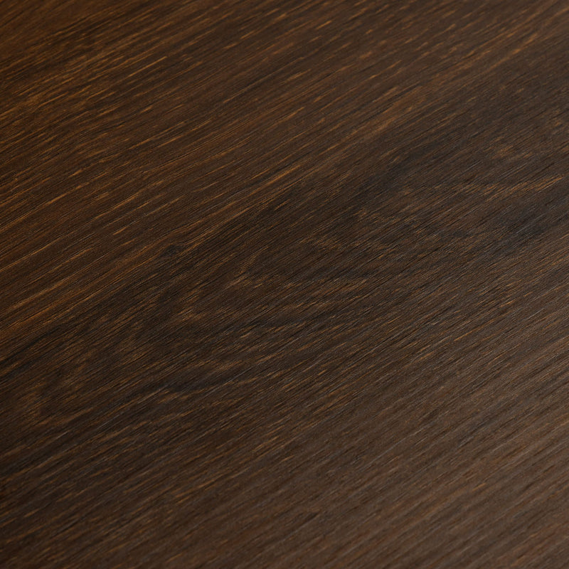 Close-up of dark brown stained wood grain texture on hardwood tabletop, natural wood pattern and warm matte finish