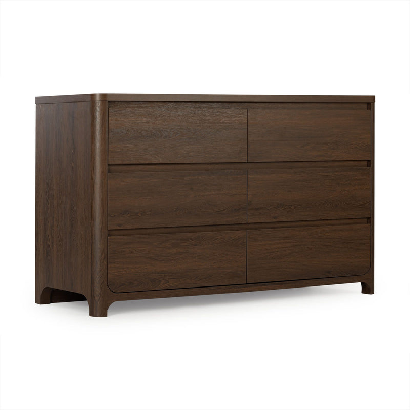 Dark walnut six-drawer solid-wood dresser with rounded corners and recessed handles, modern bedroom storage chest