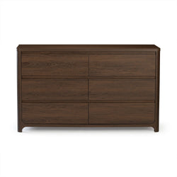 Dark brown handleless six-drawer wooden dresser with smooth wood-grain finish, contemporary bedroom storage chest