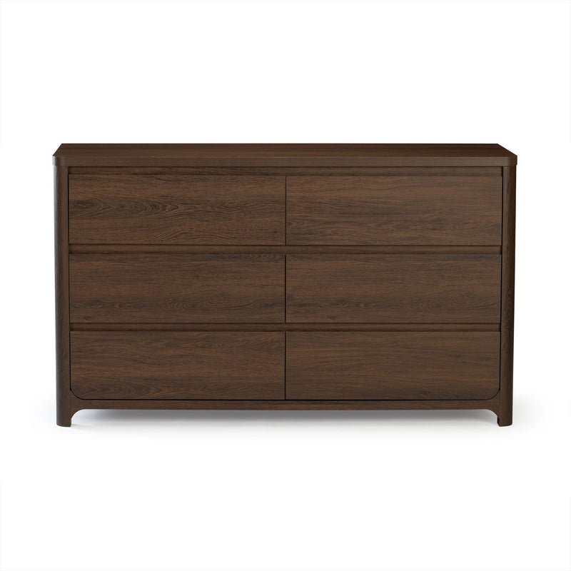Dark brown handleless six-drawer wooden dresser with smooth wood-grain finish, contemporary bedroom storage chest