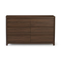 Dark brown handleless six-drawer wooden dresser with smooth wood-grain finish, contemporary bedroom storage chest