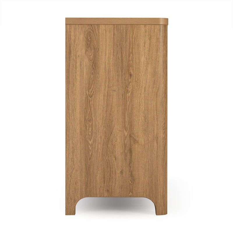 Side view of tall oak-finish wooden cabinet with natural wood grain and rounded cutout base, modern narrow storage dresser