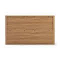 Oak-finish wooden headboard panel with natural wood grain texture, minimalist farmhouse-style bedroom furniture headboard