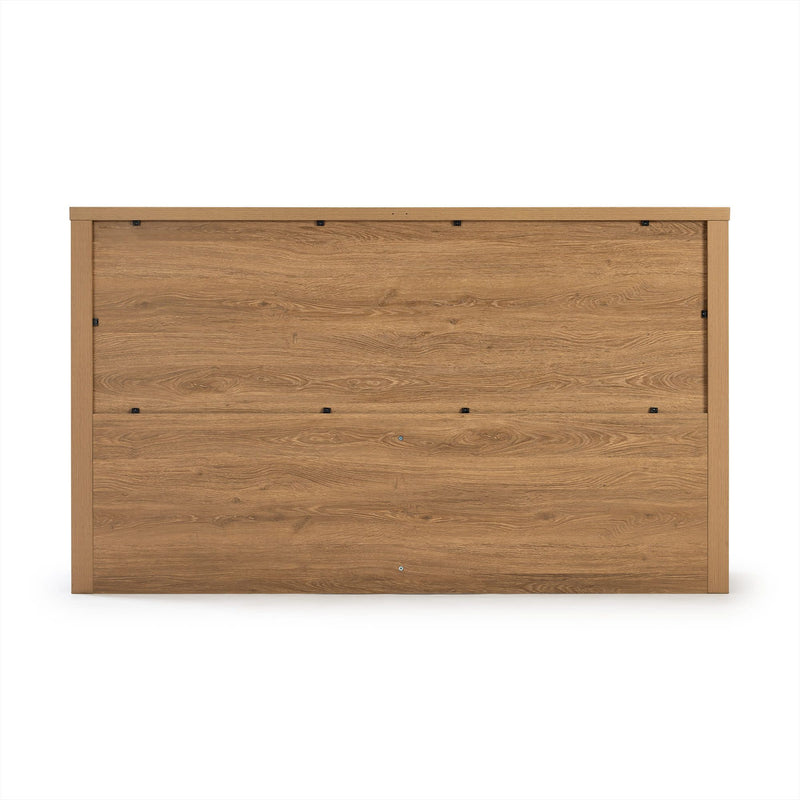 Oak-finish wooden headboard panel with natural wood grain texture, minimalist farmhouse-style bedroom furniture headboard