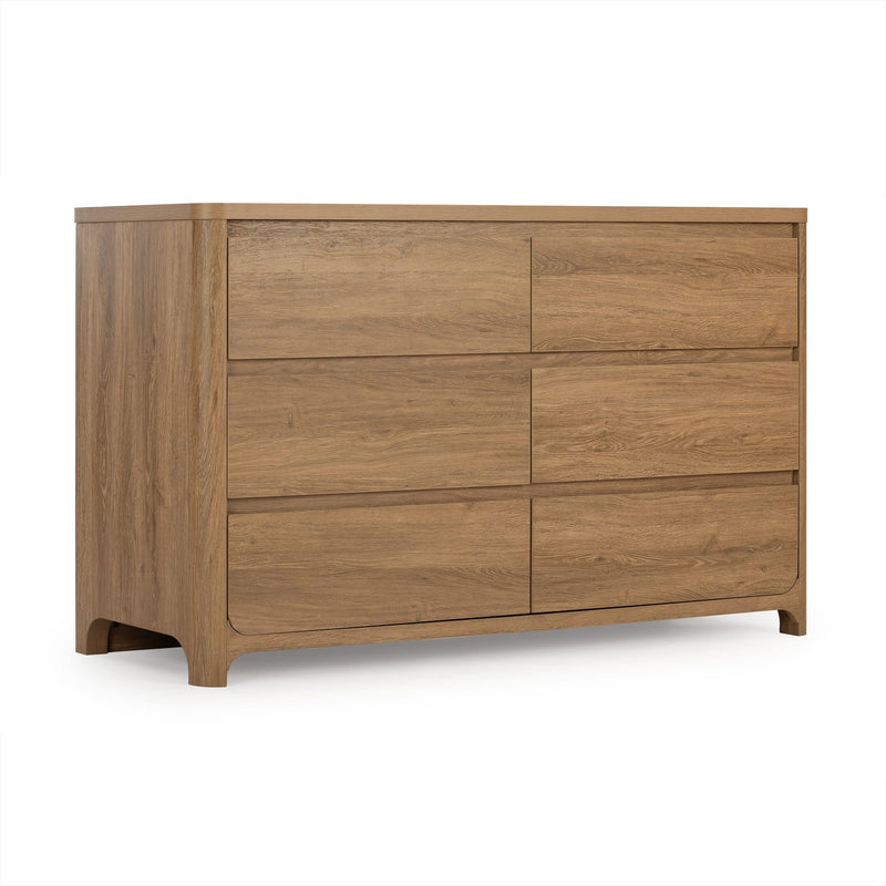 6-drawer light oak wooden dresser with clean modern lines for bedroom storage