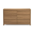Six-drawer oak-finish dresser with natural wood grain, modern minimalist bedroom storage cabinet