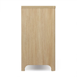 Side view of light oak tall chest of drawers with rounded arch cutout base, modern Scandinavian bedroom dresser cabinet