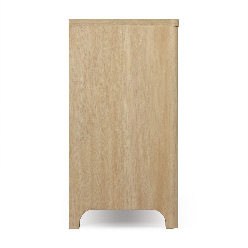 Side view of light oak tall chest of drawers with rounded arch cutout base, modern Scandinavian bedroom dresser cabinet