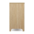 Side view of light oak tall chest of drawers with rounded arch cutout base, modern Scandinavian bedroom dresser cabinet
