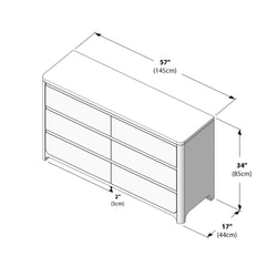 Isometric diagram of a modern six-drawer dresser with rounded corners and recessed base showing dimensions 57" (145 cm) wide × 17" (44 cm) deep × 34" (85 cm) high and 2" (5 cm) floor clearance, furniture dimensions for bedroom storage.