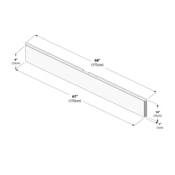 Isometric dimension diagram of a 67" (170 cm) wooden mounting panel with a 68" (175 cm) top rail, 9–10" (23–25 cm) height and 1" (3 cm) thickness, showing mounting holes and measurements in inches and centimeters