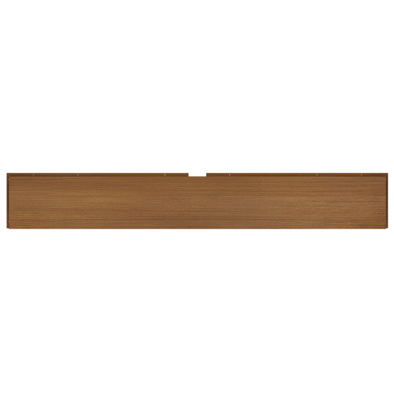 Walnut-finish rectangular wooden headboard panel with pre-drilled mounting holes and center notch for bed frame