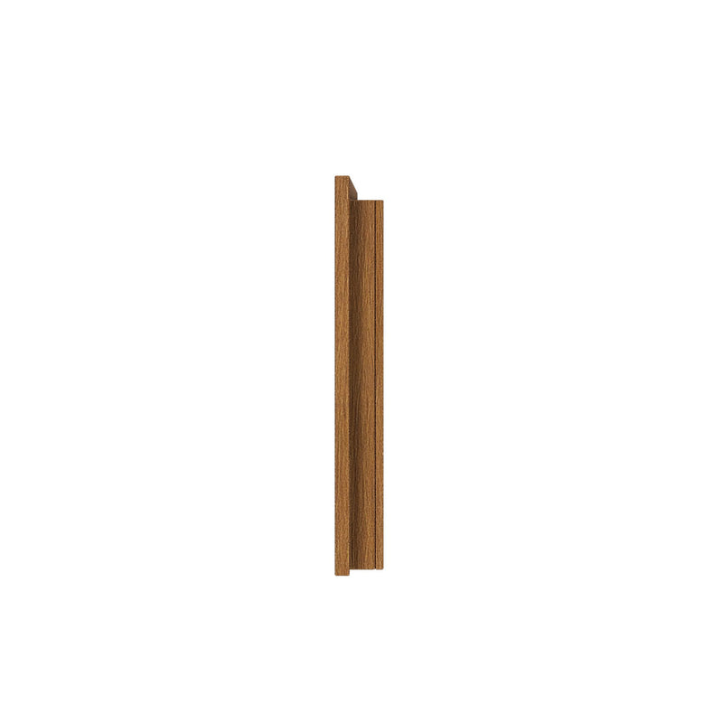 Brown oak wood trim molding profile isolated on white background, vertical door casing for interior finish