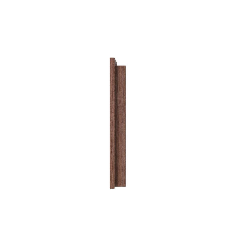 Vertical walnut wood door jamb trim molding profile on white background — brown interior door stop for carpentry and trim installation